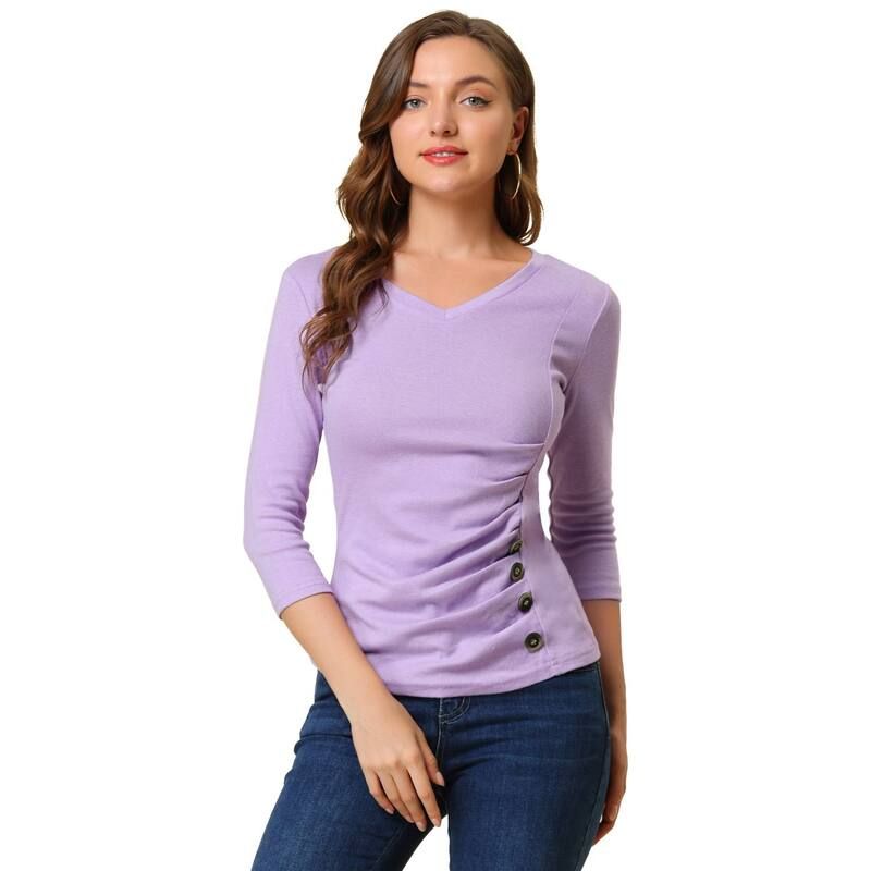 アレグラ ケー レディース トップス シャツ Vネック ギャザー ブラウス ニット ALLEGRA K Womens Decorative Button V Neck 34 Sleeve Solid Blouse Knit Ruched Top Light P