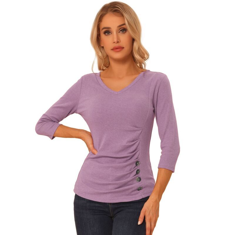 アレグラ ケー レディース トップス シャツ Vネック ギャザー ブラウス ニット ALLEGRA K Womens Decorative Button V Neck 34 Sleeve Solid Blouse Knit Ruched Top Gray Pu