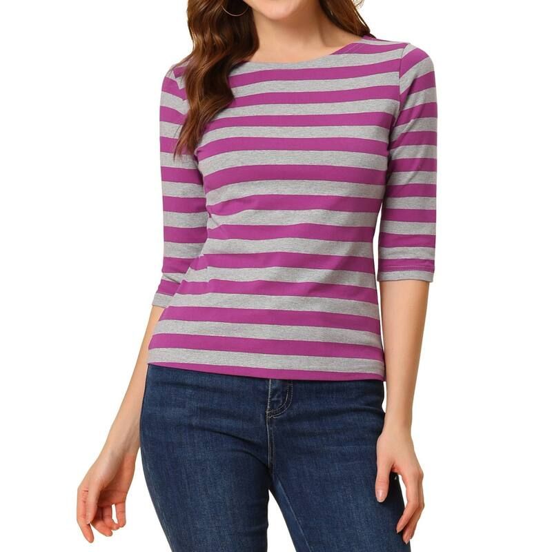 アレグラ ケー レディース トップス シャツ スリムフィット ALLEGRA K Womens Casual Tshirts Elbow Sleeveslim Fit Boat Neck Tops Rose Red レッド