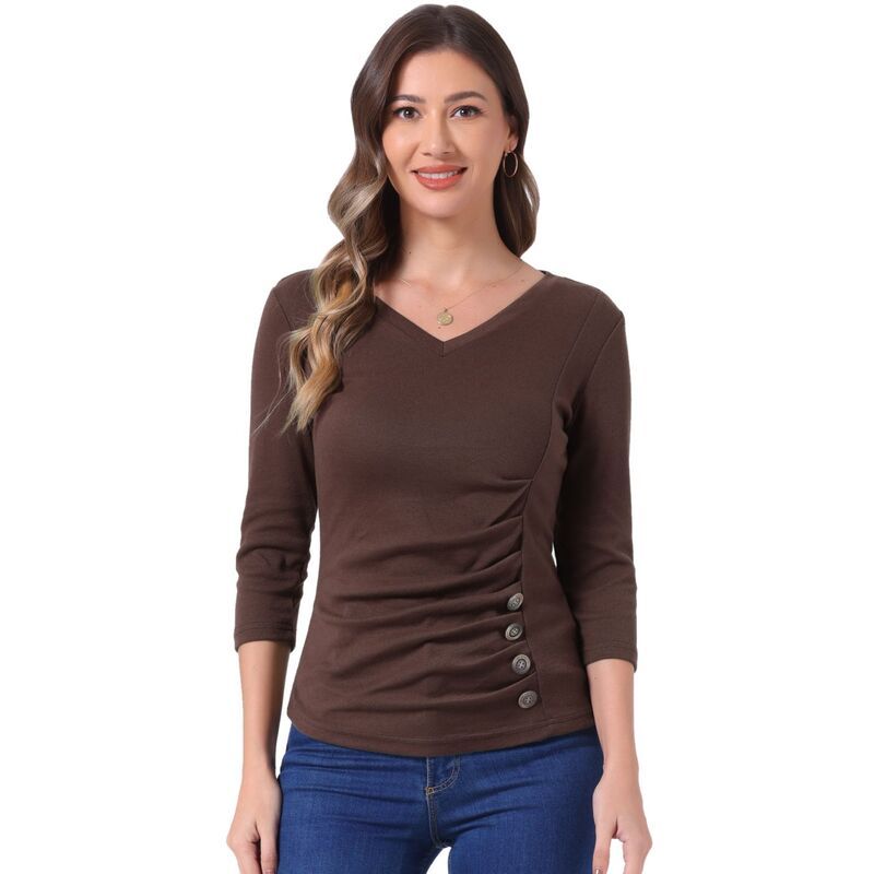 アレグラ ケー レディース トップス シャツ Vネック ギャザー ブラウス ニット ALLEGRA K Womens Decorative Button V Neck 34 Sleeve Solid Blouse Knit Ruched Top Coffee