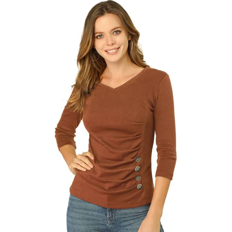 アレグラ ケー レディース トップス シャツ Vネック ギャザー ブラウス ニット ALLEGRA K Womens Decorative Button V Neck 34 Sleeve Solid Blouse Knit Ruched Top Brown ブ