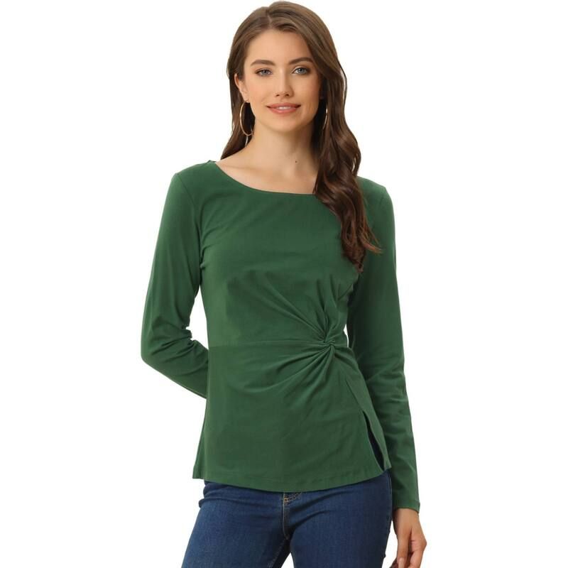 アレグラ ケー レディース トップス シャツ ブラウス ALLEGRA K Womens Comfort Round Neck Twist Front Long Sleeve Blouse Basic Top Dark Green グリーン