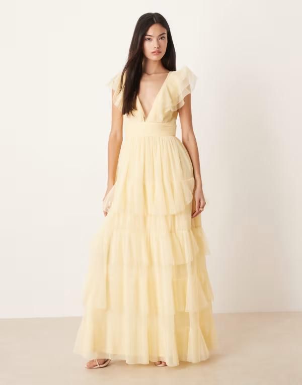 レース アンド ビーズ レディース トップス ワンピース チュール ティアード マキシ Lace Beads tulle flutter sleeve tiered frill maxi dress in lemon Buttercup Yellow イエロー