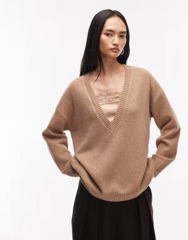 エイソス レディース アウター ニット・セーター Vネック レース ASOS DESIGN deep vneck lace sweater in camel キャメル