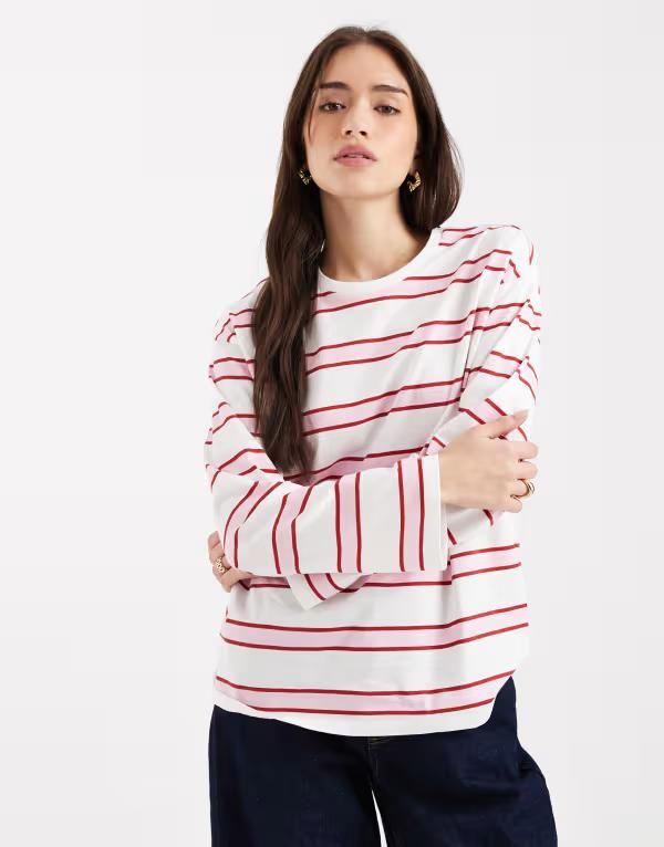 ピーシーズ レディース トップス Tシャツ Pieces oversized long sleeve rugby tshirt multi stripes Roseate spoonbill ピンク 12,360円