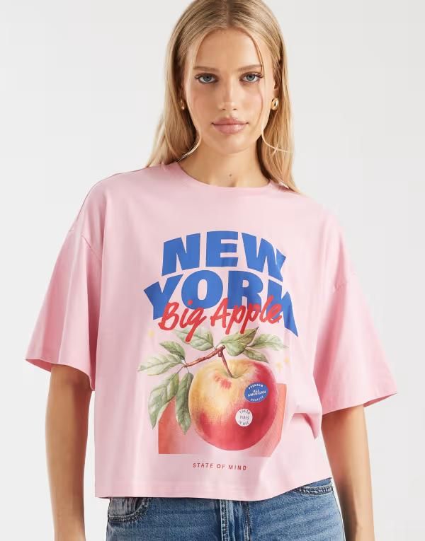 オンリー レディース トップス Tシャツ プリント ONLY boxy tshirt with apple print PINK ピンク