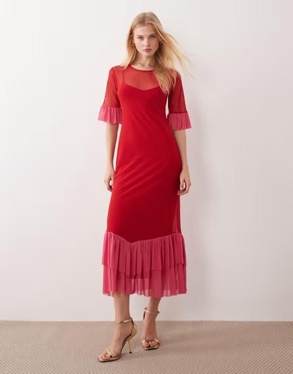 ネバーフリードレスド レディース トップス ワンピース フリル裾 フリル メッシュ Never Fully Dressed mesh flutter sleeve ruffle hemidaxi dress and Red and pink レッド