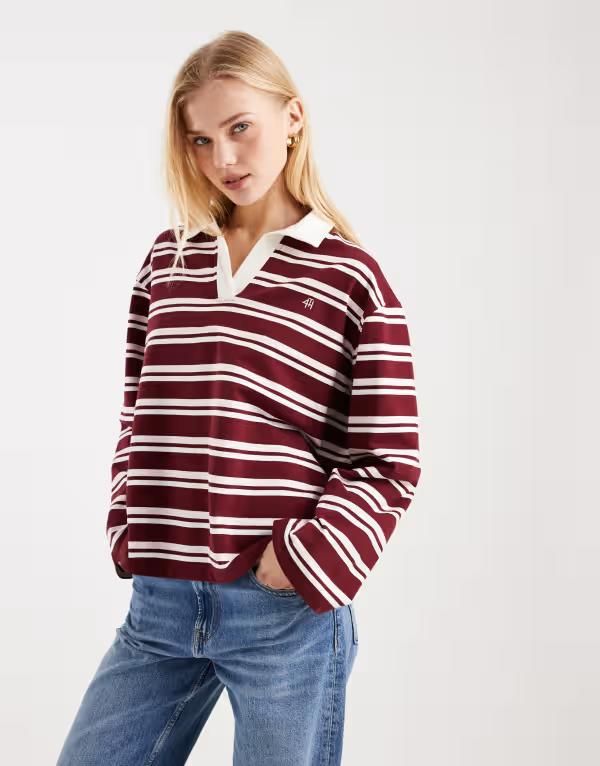 フォースレックレス レディース トップス シャツ コットン 刺繍 ロゴ 4th Reckless exclusive cotton rich collared long sleevembroidered logo rugby top and pink stri