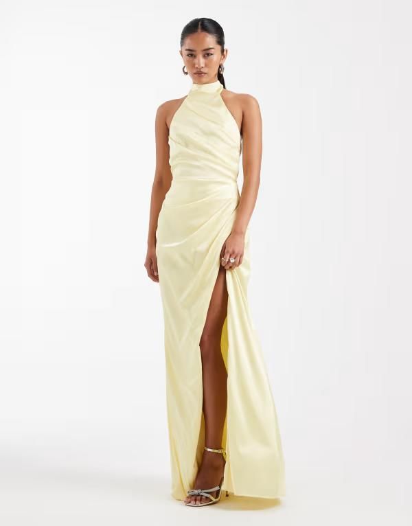ティエフエヌシー レディース トップス ワンピース サテン マキシ ホルター TFNC Bridesmaid satin halterneck pleat detail maxi dress in butter lemon YELLOW イエロー