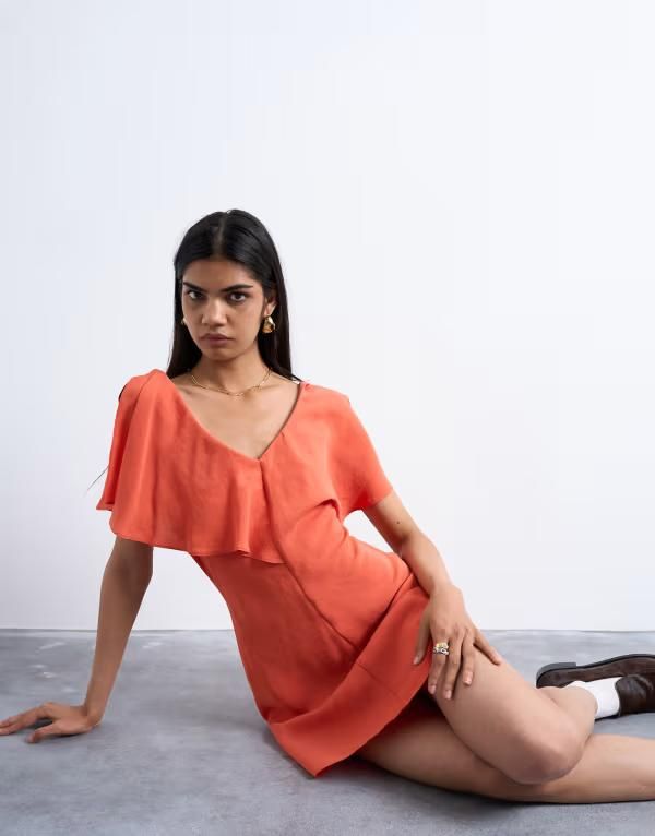 トップショップ レディース トップス ワンピース アシンメトリー ミニ Topshop asymmetric frill mini dress in orange オレンジ