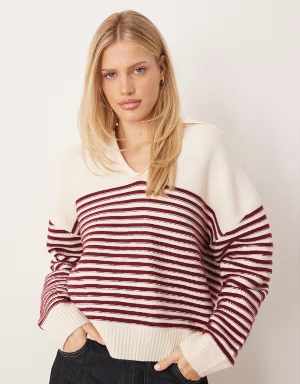 マンゴ レディース トップス ポロシャツ Vネック ニット Mango vnecknit polo top stripes Burgundy バーガンディ