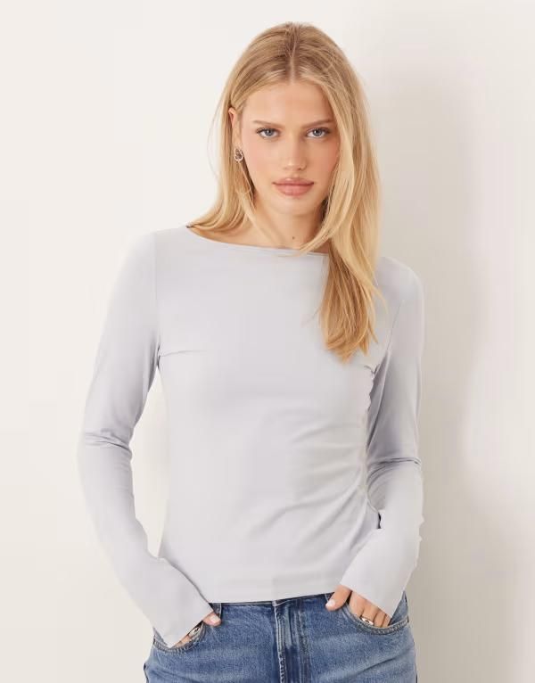 マンゴ レディース トップス Tシャツ コットン Mango cotton rich boat neck long sleeve top in pastel blue ブルー
