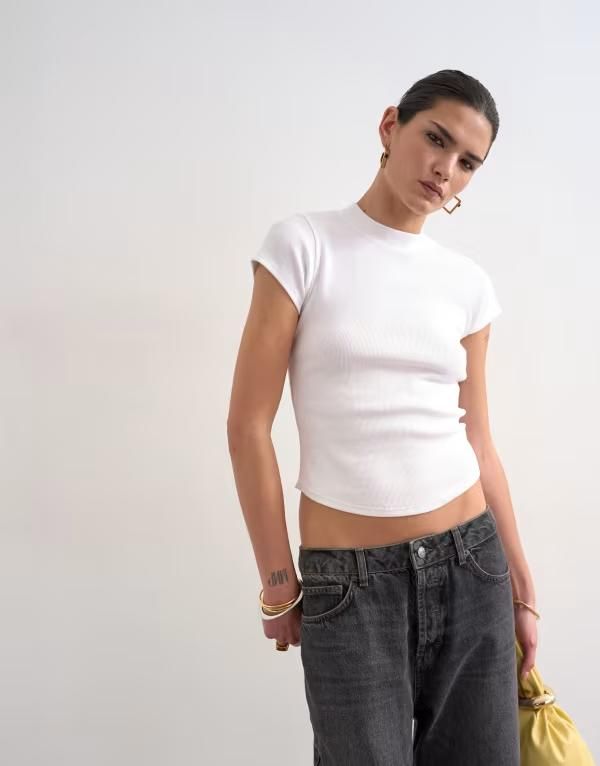 トップショップ レディース トップス Tシャツ Topshop rib fitted curve hem tee WHITE ホワイト
