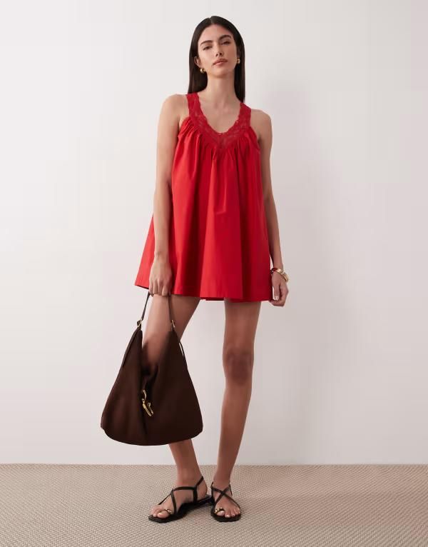 エイソス レディース トップス ワンピース Vネック ミニ オーバーレイ レース ASOS DESIGN vneck poplin mini smock sundress with lace overlay in tomato Red レッド