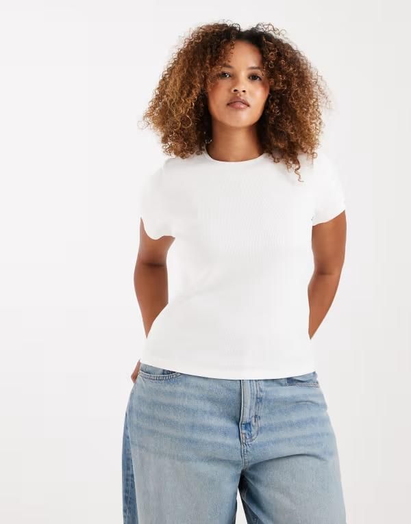 ヴェロモーダ レディース トップス Tシャツ リブ Vero Moda Curve ribbed round neck tshirt Snowhite ホワイト