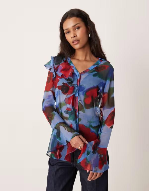 エイソス レディース トップス シャツ フラワー柄 プリント フリル フラワー ASOS DESIGN button front ruffle soft shirt floral print Blue floral ブルー