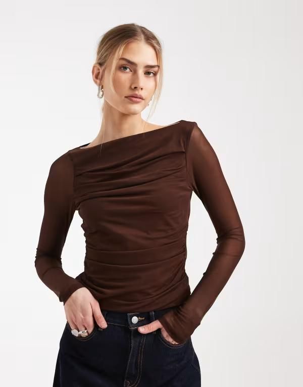 エイソス レディース トップス シャツ ドレープ メッシュ ASOS DESIGN mesh drape long sleeve top in chocolate チョコレート