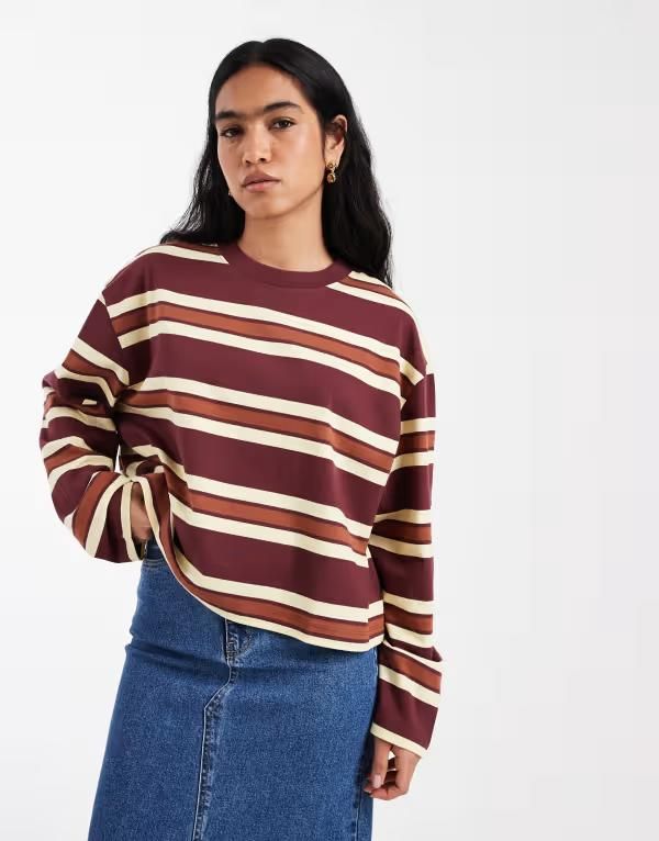 エイソス レディース トップス Tシャツ クロップド ASOS DESIGN long sleeve boxy cropped tshirt ineutral chocolate stripes Choc stripe ストライプ