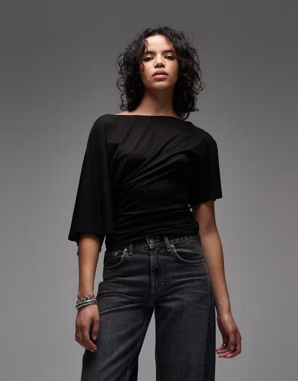 エイソス レディース トップス Tシャツ ウエストマーク ASOS DESIGN fallen shoulder with cinched waistop Black ブラック