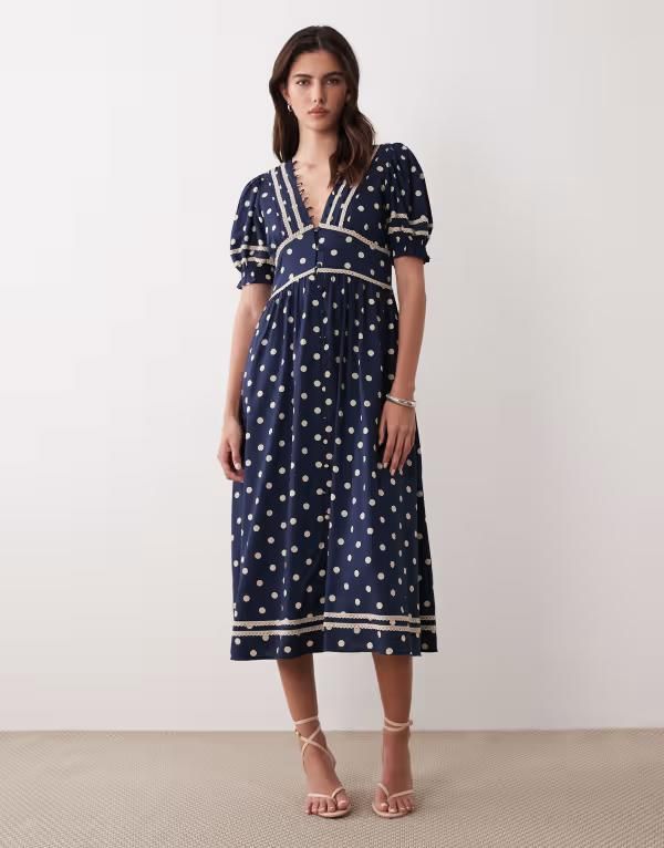 ノーバディーズ チャイルド レディース トップス ワンピース ドット柄 ドット ミディ Nobodys Child Saffy puff sleeve midi dress in polkadot Blue ブルー