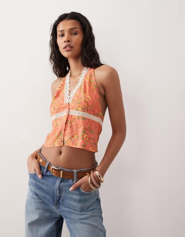 キスザスカイ レディース トップス シャツ フラワー柄 プリント レース フラワー ホルター Kiss The Sky Positano printed lacedge halter top floral RED レッド
