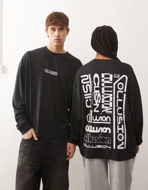 コルージョン レディース トップス Tシャツ プリント ロゴ COLLUSION Unisex sports airtex logo printed tshirt Black ブラック