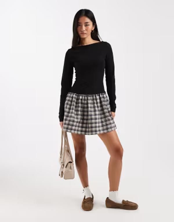 エイソス レディース トップス ワンピース ミニ コントラスト ジャージー ASOS DESIGN jersey hybrid contrast hem peplumini dress Black ブラック