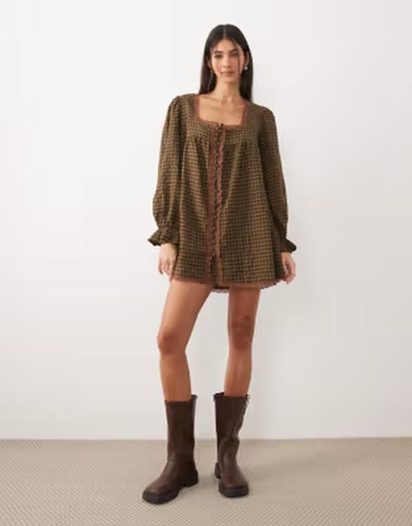 エイソス レディース トップス ワンピース レーストリム ギンガムチェック ミニ レース ギンガム ASOS DESIGN babydollace trimini dress in olive gingham Olive Brushed Gingham オリー