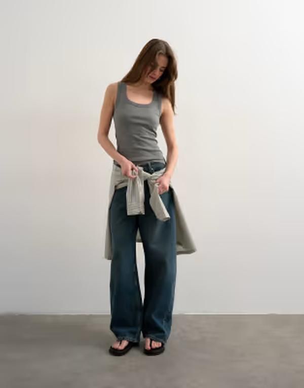 トップショップ レディース トップス ベスト リブニット Topshop rib knit scoop neck tank top in heather Gray Heather グレー