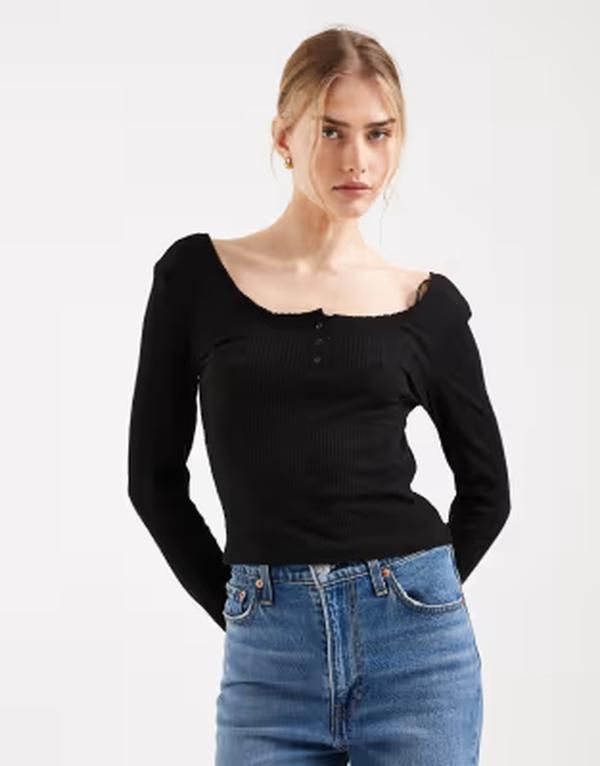 オンリー レディース トップス Tシャツ リブ ONLY long sleeve ribbed scoop neck top Black ブラック