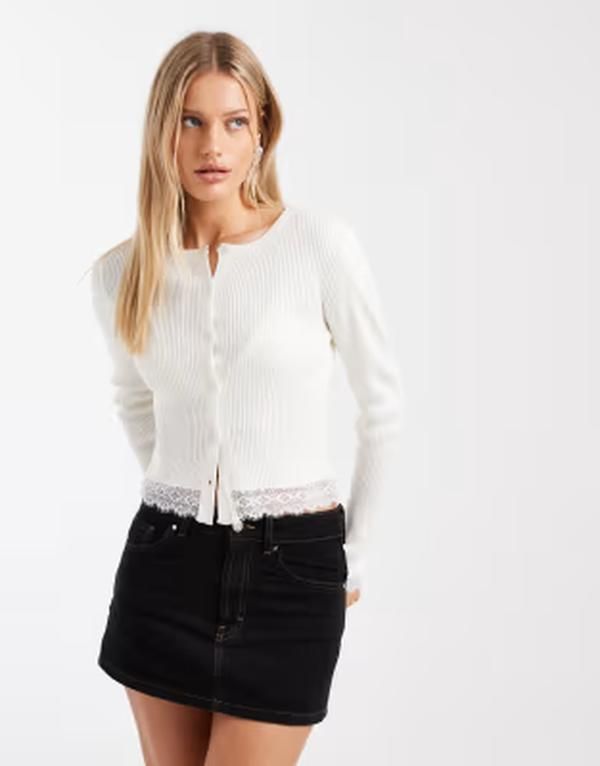 ミスセルフフリッジ レディース アウター カーディガン リブ レース Misselfridge ribbed cardigan with lace detail in cream クリーム