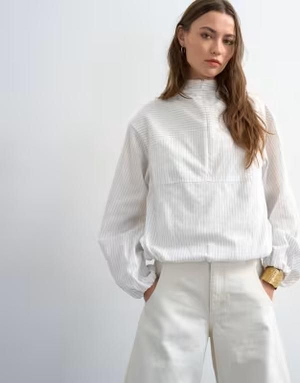 トップショップ レディース トップス タンクトップ Topshop stripe zip long sleeve cuffed top WHITE ホワイト