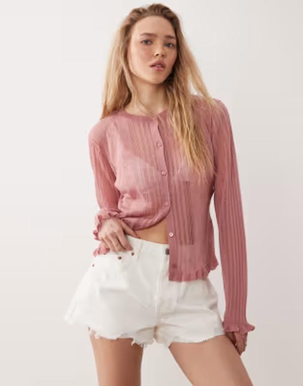 ミスセルフフリッジ レディース アウター カーディガン シアー 刺繍 ニット Misselfridgembroidered sheer knit cardigan in rose Chocolate チョコレート