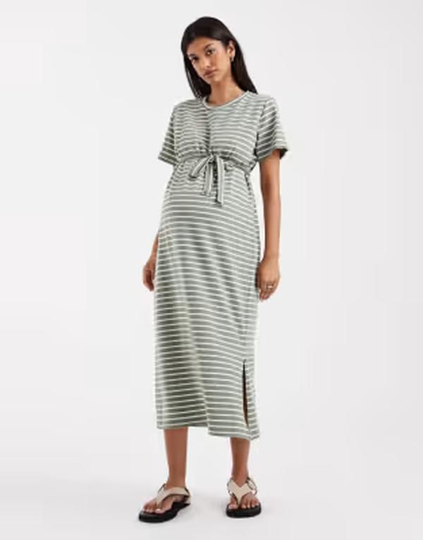 ママライシアス レディース トップス ワンピース ミディ マタニティ Mamalicious Mamalicious Maternity short sleeve tie waist 2 functionursing midi dress and white