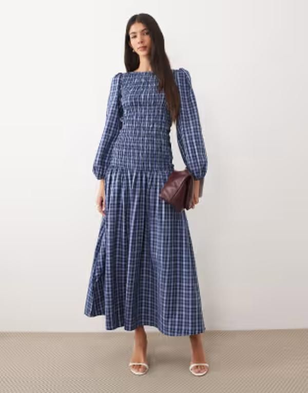 エイソス レディース トップス ワンピース マキシ ASOS DESIGN shirred long sleeve maxi dress plaid BLUE ブルー