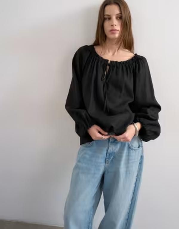 トップショップ レディース トップス シャツ ブラウス リネン Topshop trapeze linen blend tie front blouse Black ブラック