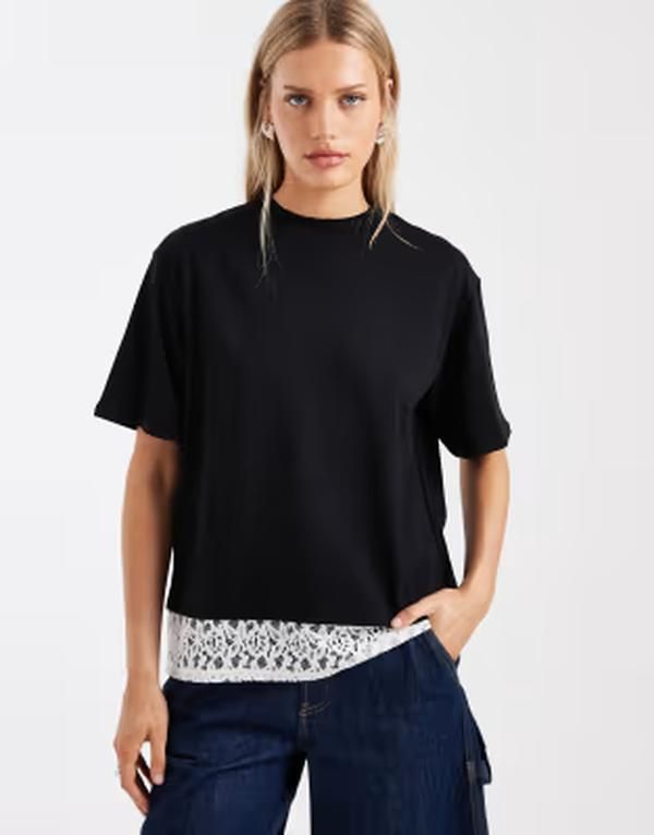 エイソス レディース トップス Tシャツ オープンバック レース ASOS DESIGN short sleeve with open back with lace top Black ブラック 11,294円