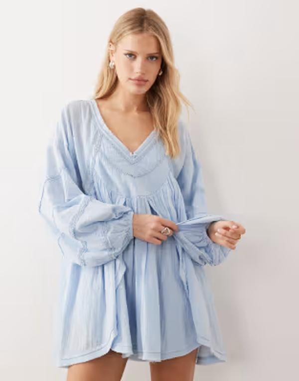 エイソス レディース トップス ワンピース Vネック ミニ ASOS DESIGN v neck laundered smock mini dress in washed blue ブルー