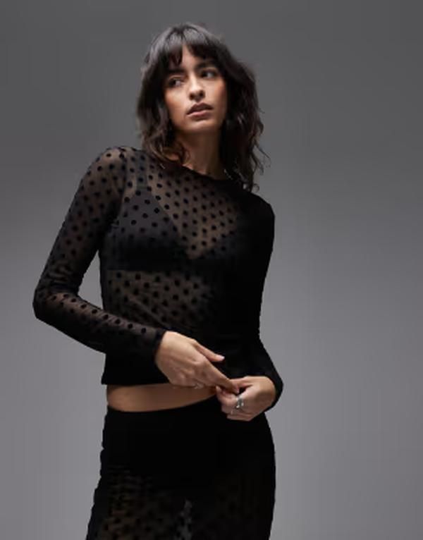 エイソス レディース トップス シャツ ドット柄 ドット プリント メッシュ シアー ASOS DESIGN sheer mesh long sleeve topolka dot print Black ブラック