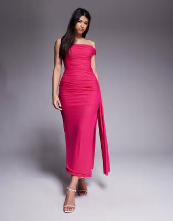 バードット レディース トップス ワンピース ギャザー メッシュ Bardot Layana mesh twisted one shoulderuched midaxi dress in hot Pink ピンク