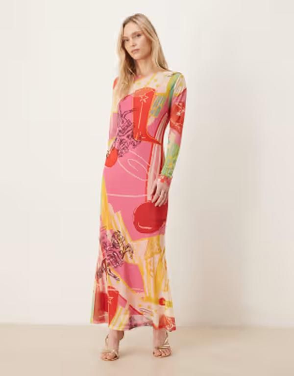 ネバーフリードレスド レディース トップス ワンピース プチ プリント メッシュ マキシ Never Fully Dressed Petite mesh maxi dress in mixedallas print PINK ピンク
