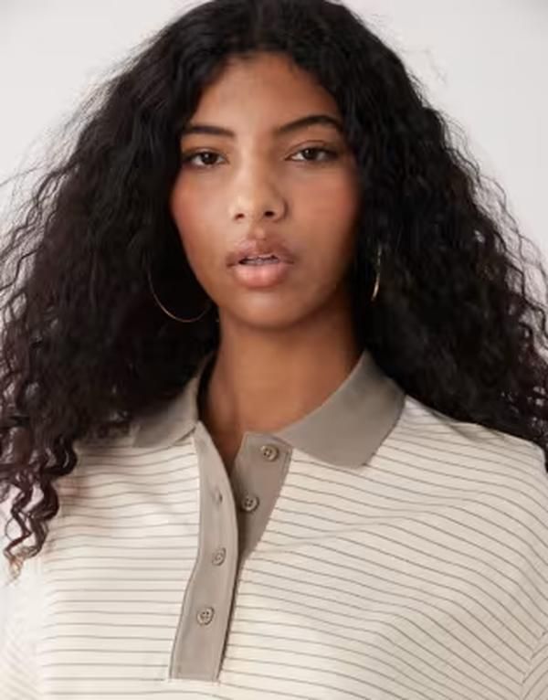 モンキ レディース トップス ポロシャツ Monki boxy fit short sleeve rugby polo shirt in lemon stripe Lemon Mocha Stripes モカ