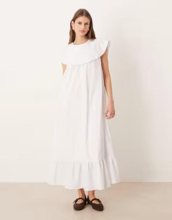 グラマラス レディース トップス ワンピース フリル Glamorous boho throw on ruffle detailing midaxi dress poplin WHITE ホワイト