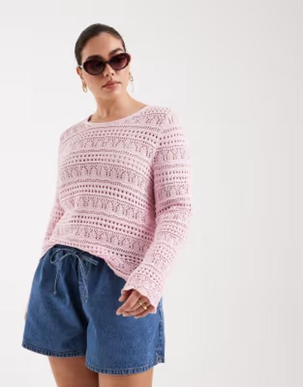 オンリーカーブ レディース アウター ニット・セーター ONLY Curve long sleeve crochetop Romance Rose ピンク