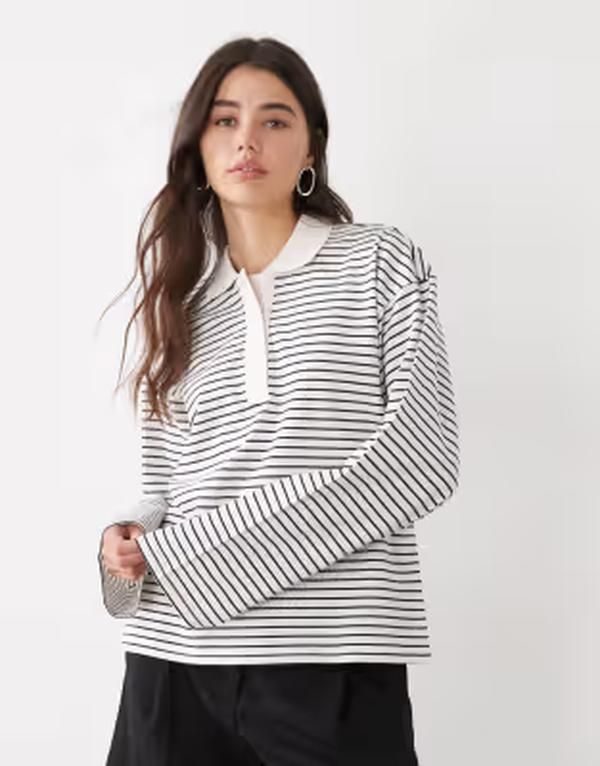 モンキ レディース トップス タンクトップ Monki long sleeve rugby top stripes White black stripe ホワイト