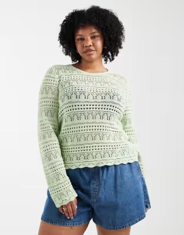 オンリーカーブ レディース アウター ニット・セーター ONLY Curve long sleeve crochetop in light Laurel green グリーン
