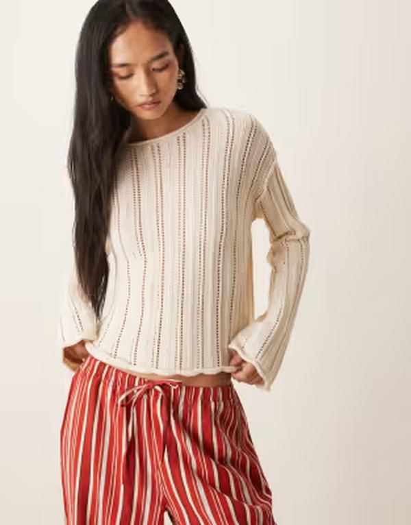 ジェイディーワイ レディース アウター ニット・セーター JDY flare sleeve scallop edge crochetop in cream White Swan ホワイト