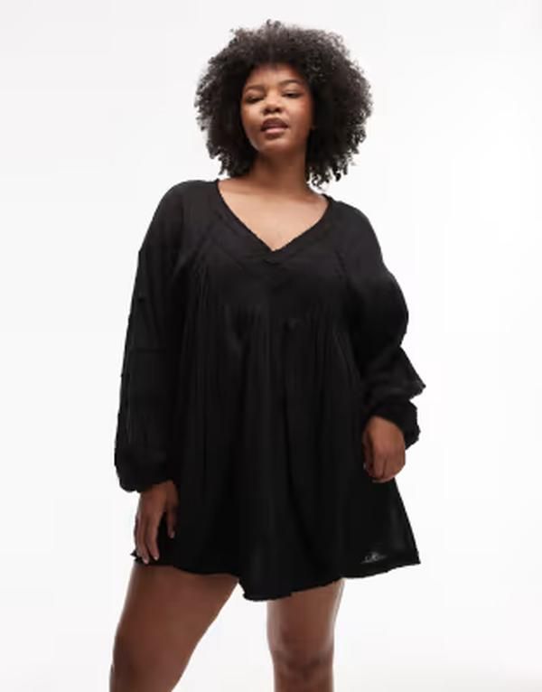 エイソス レディース トップス ワンピース Vネック ミニ ASOS Curve ASOS DESIGN Curve v neck laundered smock mini dress in washed Black ブラック