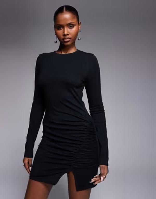 エイソス レディース トップス ワンピース ミニ ASOS DESIGN long sleeve mini dress with ruching side split detail Black ブラック