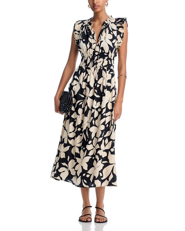 アクア レディース トップス ワンピース フラワー柄 ミディ フラワー AQUA Floral Short Sleeve Midi Dress Exclusive BlackIvory アイボリー